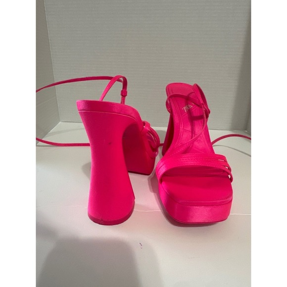 Zara Pink Platform Heels Strappy Tie Up‎ Sandals Party Flared Heel Size 38 - Picture 5 of 6